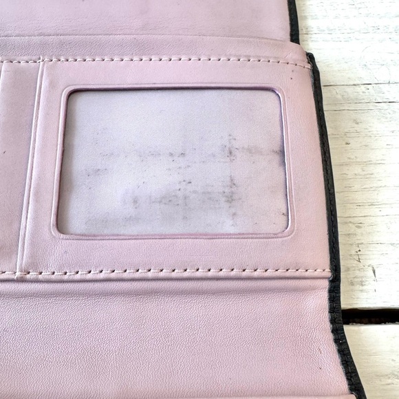 Coach Kristin Envelope Trifold Wallet Black Leather Silver Closure Pink Interior - Picture 6 of 14